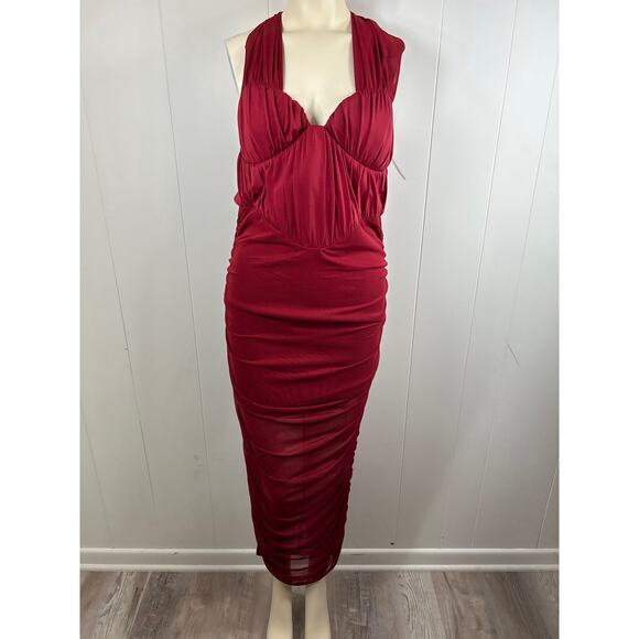 ASOS Design Burgundy Bodycon Halter mesh ruched midi dress Stretch. Size 12 NWOT - Picture 5 of 9